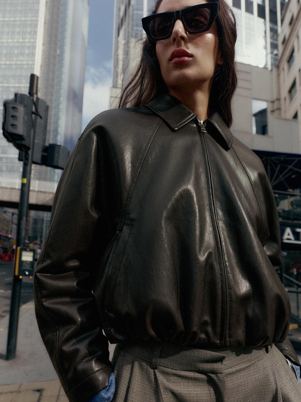 ZARA Women Black Faux Leather Bomber Jacket